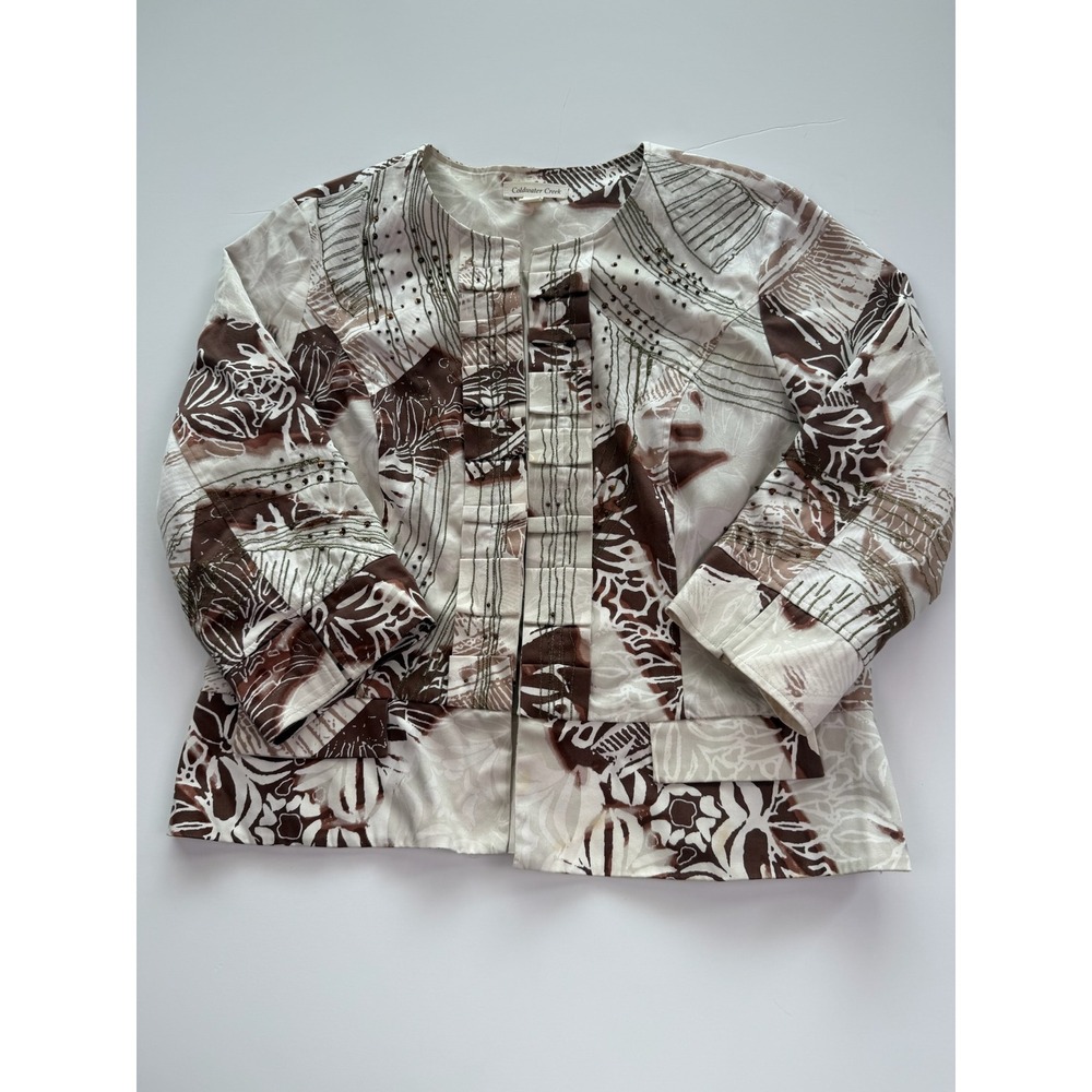 Coldwater Creek Brown Cream Abstract Beaded Embroidered Open Front Jacket 14